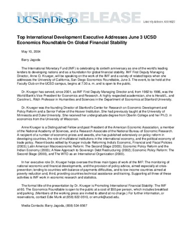 Top International Development Executive Addresses June 3 UCSD Economics Roundtable On Global Financial Stability
