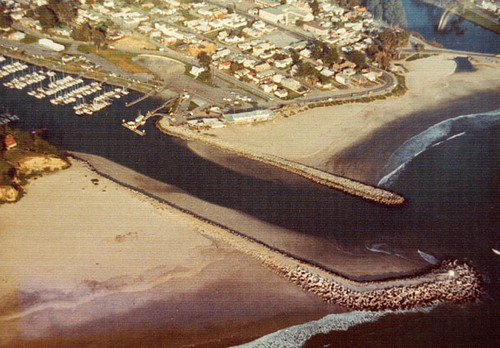 Aerial view of the mouth of the Santa Cruz Yacht Harbor
