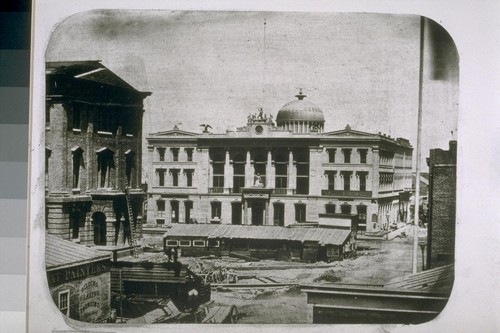 Merchants Exchange. Battery Street. Custom House on left. 1860s