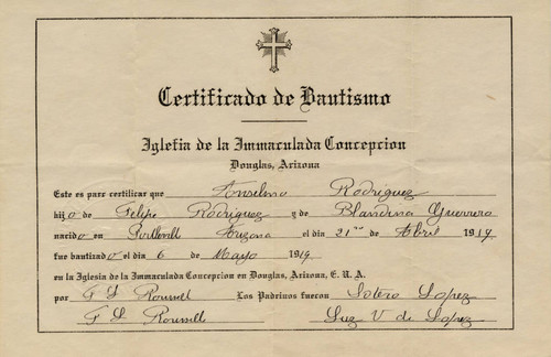 Baptismal certificate for Anselmo Rodriguez