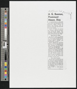 A.G. Beaman, prominent Mason, dies, 1943