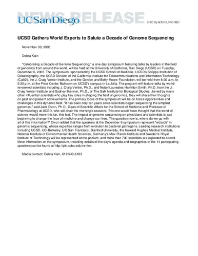 UCSD Gathers World Experts to Salute a Decade of Genome Sequencing