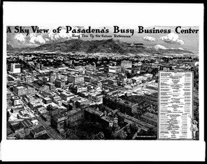 Drawing of a birdseye view of downtown Pasadena, with a key to the businesses depicted
