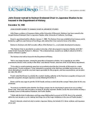 John Dower named to Naiman Endowed Chair in Japanese Studies to be housed in the Department of History