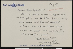 Harry Carr, letter, to Hamlin Garland