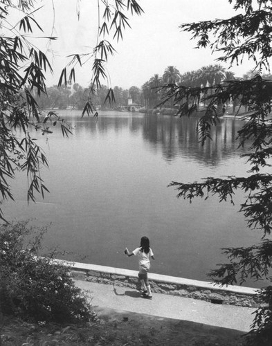 Young girl fishing in Echo Park lake