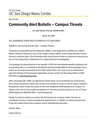 Community Alert Bulletin – Campus Threats