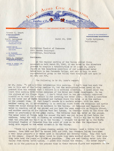 Letter from Valley Allied Civic Association concerning the Valley's underground water table, 1943