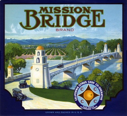 Crate label, "Mission Bridge Brand." California Citrus Cash Cooperative. Riverside, Calif