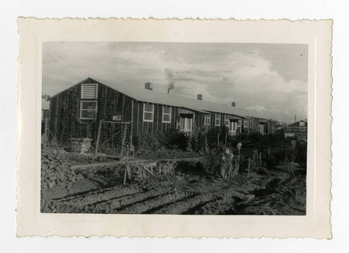 Barracks with victory garden in Jerome camp