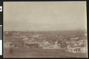 Panoramic view of Sebastopol showing Mount St. Helena in the distance, Sonoma County, ca.1900