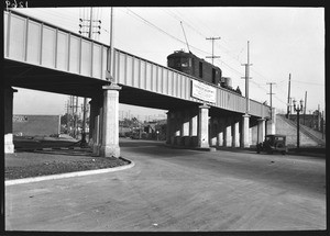 Grade crossing separation on Pico Street at end of car line, Los Angeles, 1927