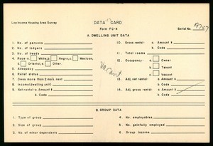 WPA Low income housing area survey data card 157, serial 19747, vacant