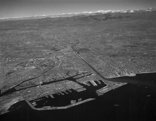 Aerial view of Long Beach, Port of Long Beach, looking northeast