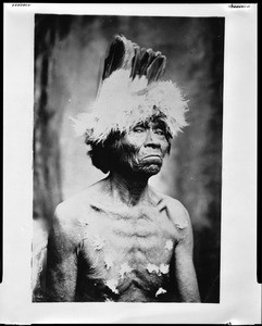 Portrait of an old Mono Indian with many war medals carved in flesh on his chest, ca.1900