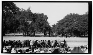 Outdoor play showing a band and people dressed as Native Americans, Claremont, ca.1930