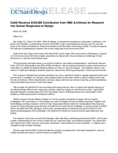 Calit2 Receives $100,000 Contribution from HMC Architects for Research into Human Responses to Design