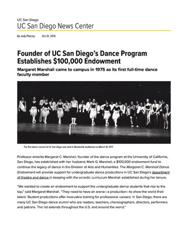 Founder of UC San Diego’s Dance Program Establishes $100,000 Endowment