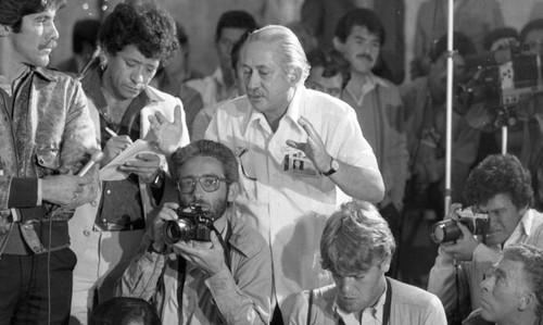 Journalists at a post-election press conference denouncing voter fraud, Guatemala, 1982