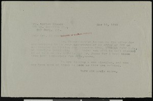 Hamlin Garland, letter, 1913-05-12, to Mrs. Morton Hiscox