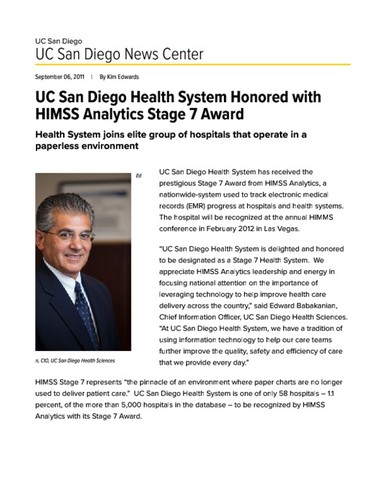 UC San Diego Health System Honored with HIMSS Analytics Stage 7 Award