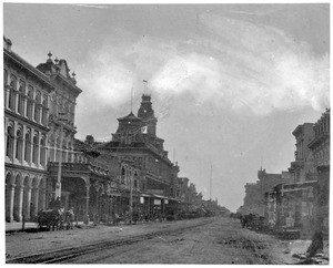 View of Main Street looking south-south-east from Plaza Street (aka Republic Street) showing Pico House, Los Angeles, ca.1878