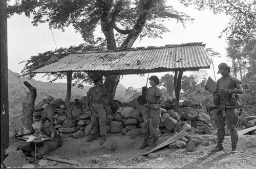Salvadoran Army soldiers guard an outpost, Perquín, 1983