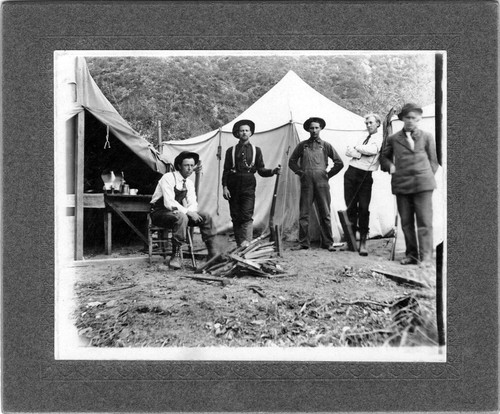 Upland Photograph Events; Upland Fire Department Camping Trip: 5 men in front of 2 canvas tents