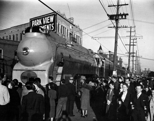 View of new streamlined steam locomotive
