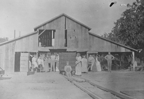 Ed Dierker's barn with workers resting after cutting apricots in Orange, California, ca. 1910