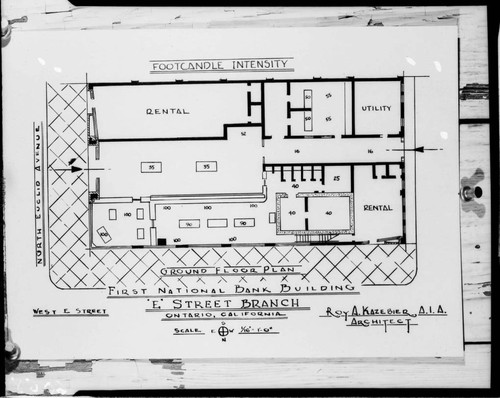 Floor plan showing footcandle intensities at various locations in 1st National Bank Building