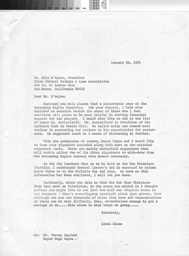 Letter from L. (Giese) Patterson to M. D'Anjou 1/20/71