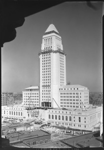 Exterior view of the nearly completed Los Angeles City Hall, 1926-1928