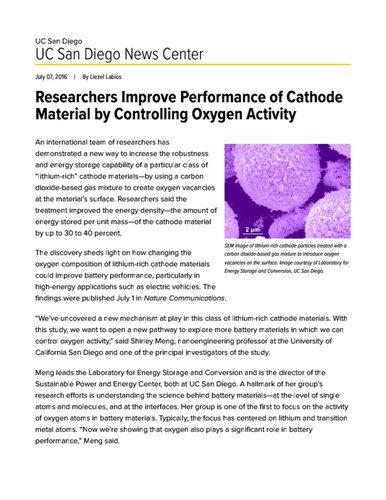 Researchers Improve Performance of Cathode Material by Controlling Oxygen Activity