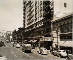In Downtown Los Angeles facing north on South Hill Street between West Fifth Street and West Fourth Street at the entrance to the Hotel Clark