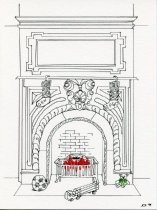 Holiday card with a drawing of a fireplace inside 448 Throckmorton Avenue