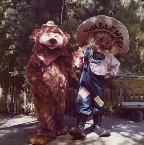 Theodore the bear and Tumbleweed the gold digger at Frontier Village