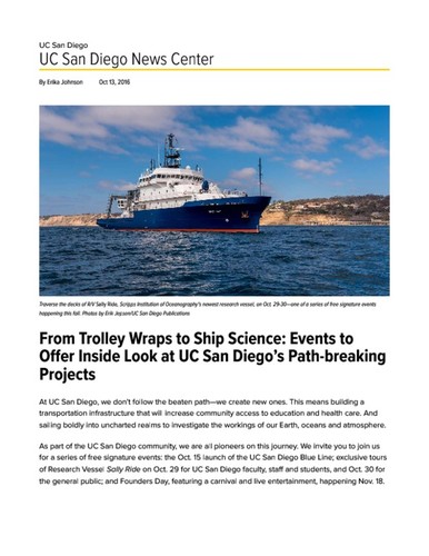 From Trolley Wraps to Ship Science: Events to Offer Look at UC San Diego's Path-Breaking Projects