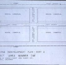 Views of redevelopment sites, renderings, and table models for the proposed Redevelopment District. Includes maps and site plans. This view shows the chart for a tentative plan for Project Area No. 1