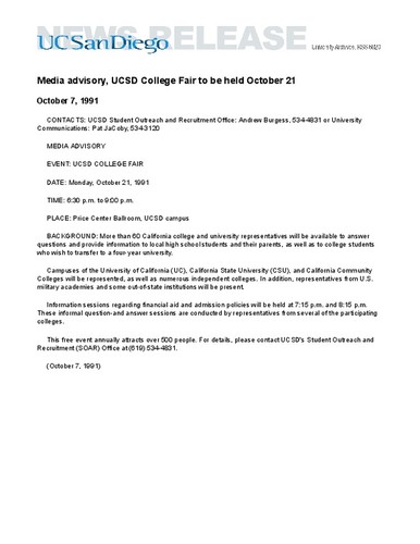 Media advisory, UCSD College Fair to be held October 21