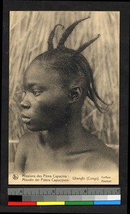 Woman wearing an elaborate coif, Congo, ca.1920-1940