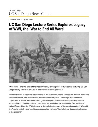 UC San Diego Lecture Series Explores Legacy of WWI, the ‘War to End All Wars’