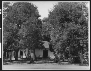 Exterior view of the front of the adobe ranch house of Rancho Las Alamos of Santa Elena, Santa Barbara County, 1937