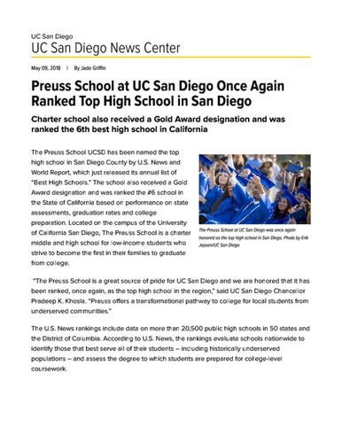 Preuss School at UC San Diego Once Again Ranked Top High School in San Diego