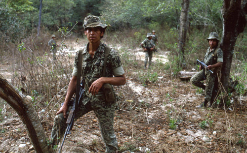 Five armed soldiers earch for guerillas in a wooded area, Chichicastenango, 1982