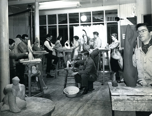 Elah Hale Hays with students in the sculpture studio, 1957