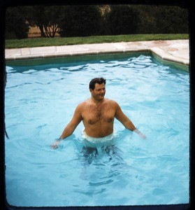 Milner family party, man in a swimming pool, Ojai, Calif., ca. 1950s