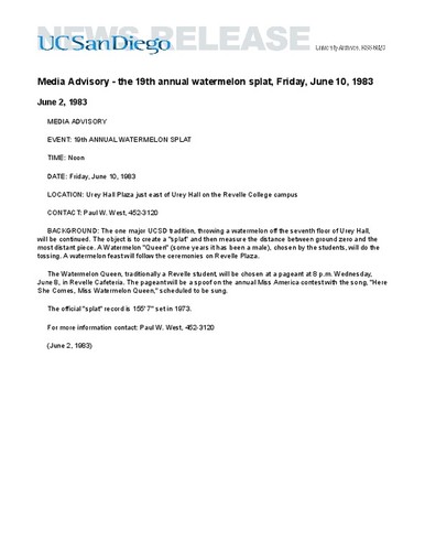 Media Advisory - the 19th annual watermelon splat, Friday, June 10, 1983