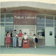 Martinez siblings and friends outside the City Terrace Library, East Los Angeles, California