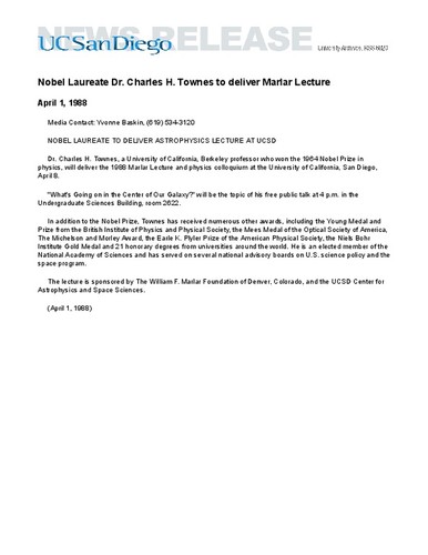 Nobel Laureate Dr. Charles H. Townes to deliver Marlar Lecture